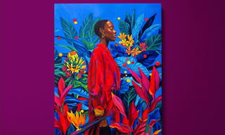 Artistic depiction of a person in a red garment surrounded by vibrant tropical plants on a purple background
